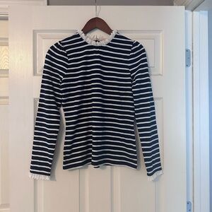 NWT Boden Navy and White Striped Long Sleeve Top with eyelet Trim Size 2